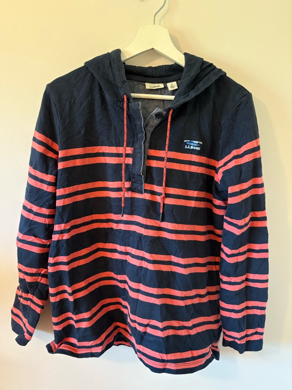 L.L. Bean navy blue and coral-striped long-sleeve rugby henley hoodie L